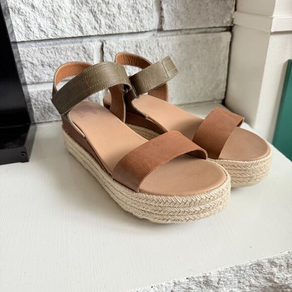 Sorel Women's Cameron Flatform Chunky Sandals Ankle Strap Olive Green Brown 10 - Picture 1 of 8